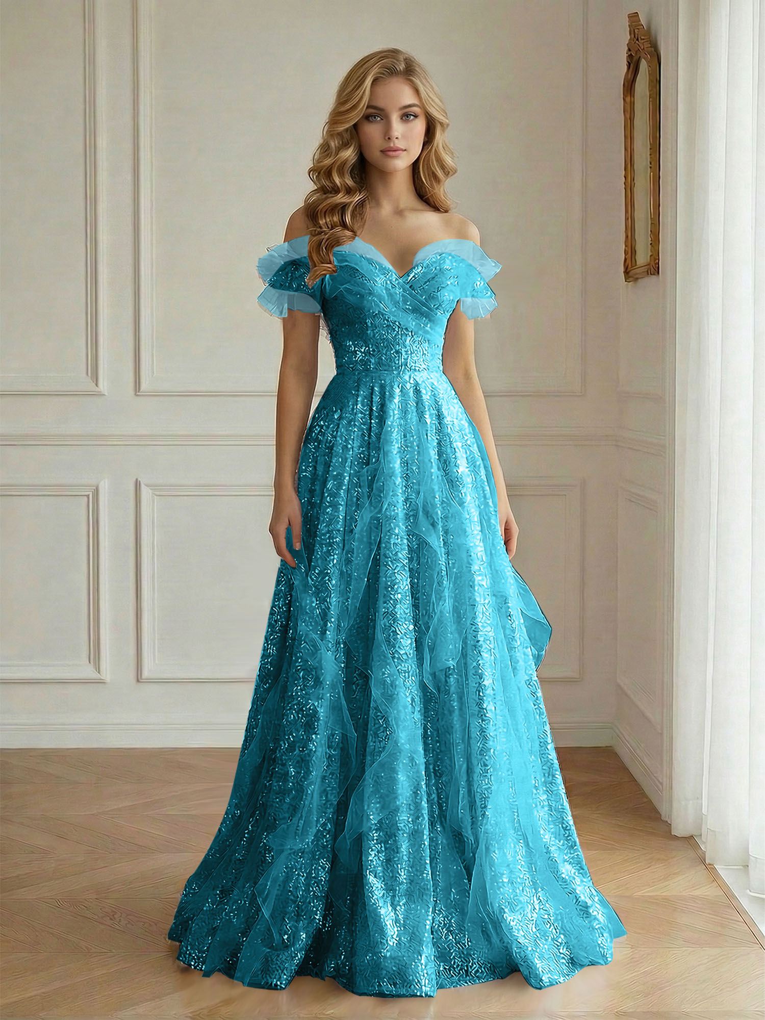 Enchanting Off-the-Shoulder Sequin Tulle A-Line Gown with Ruffled Detailing