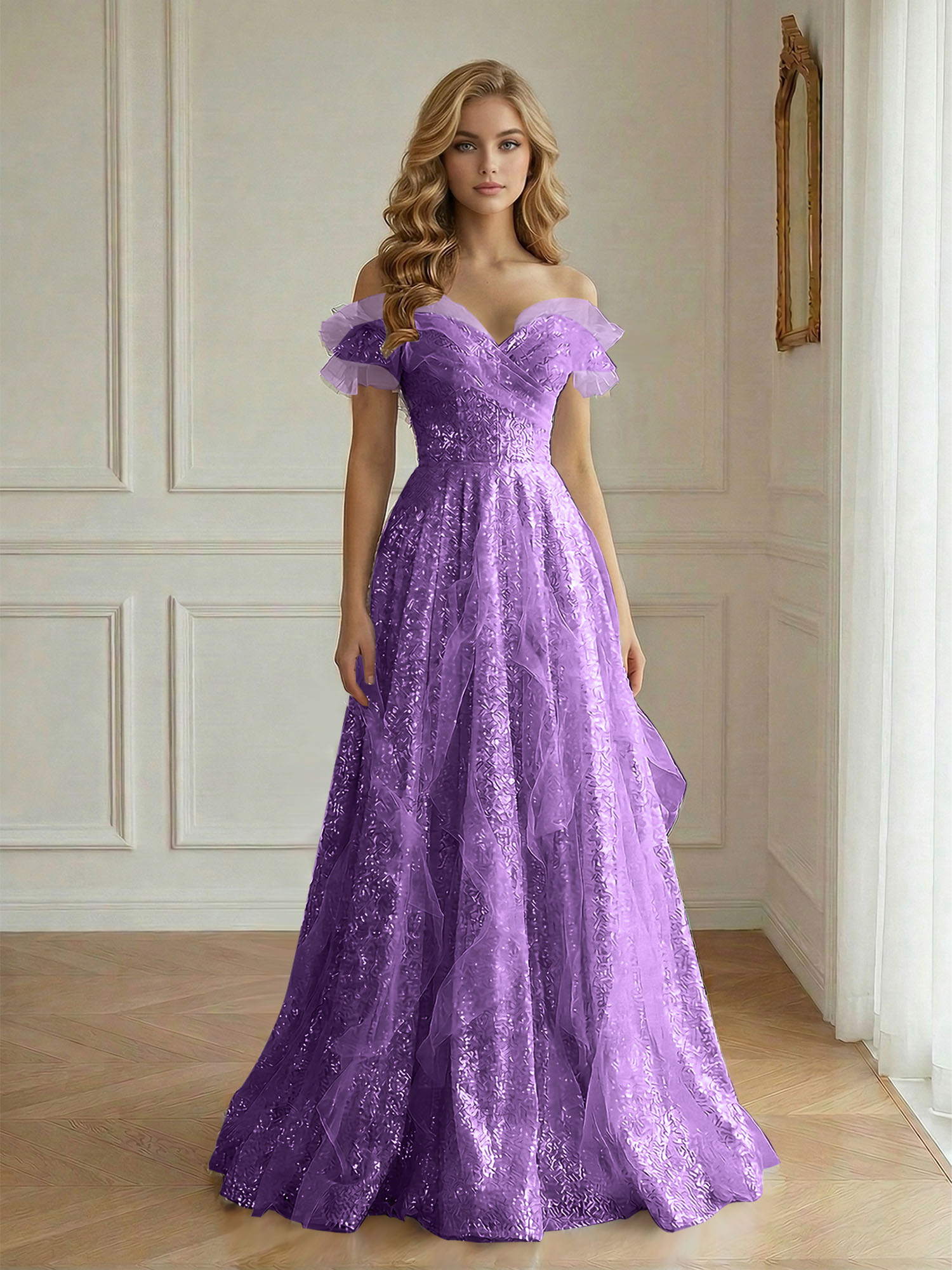 Enchanting Off-the-Shoulder Sequin Tulle A-Line Gown with Ruffled Detailing