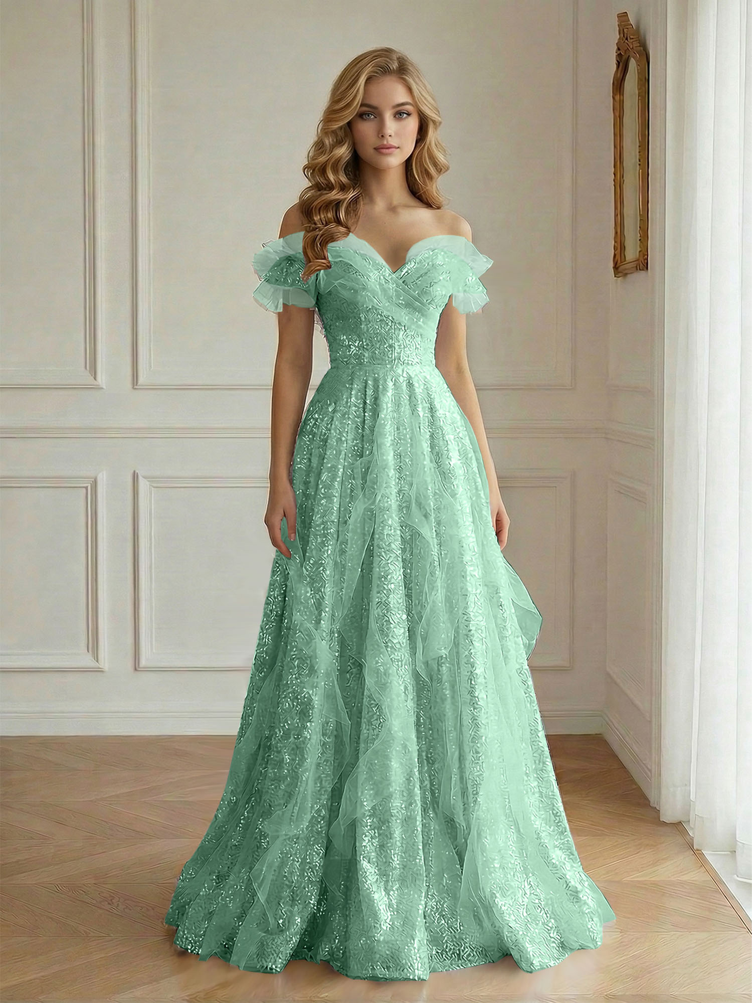 Enchanting Off-the-Shoulder Sequin Tulle A-Line Gown with Ruffled Detailing