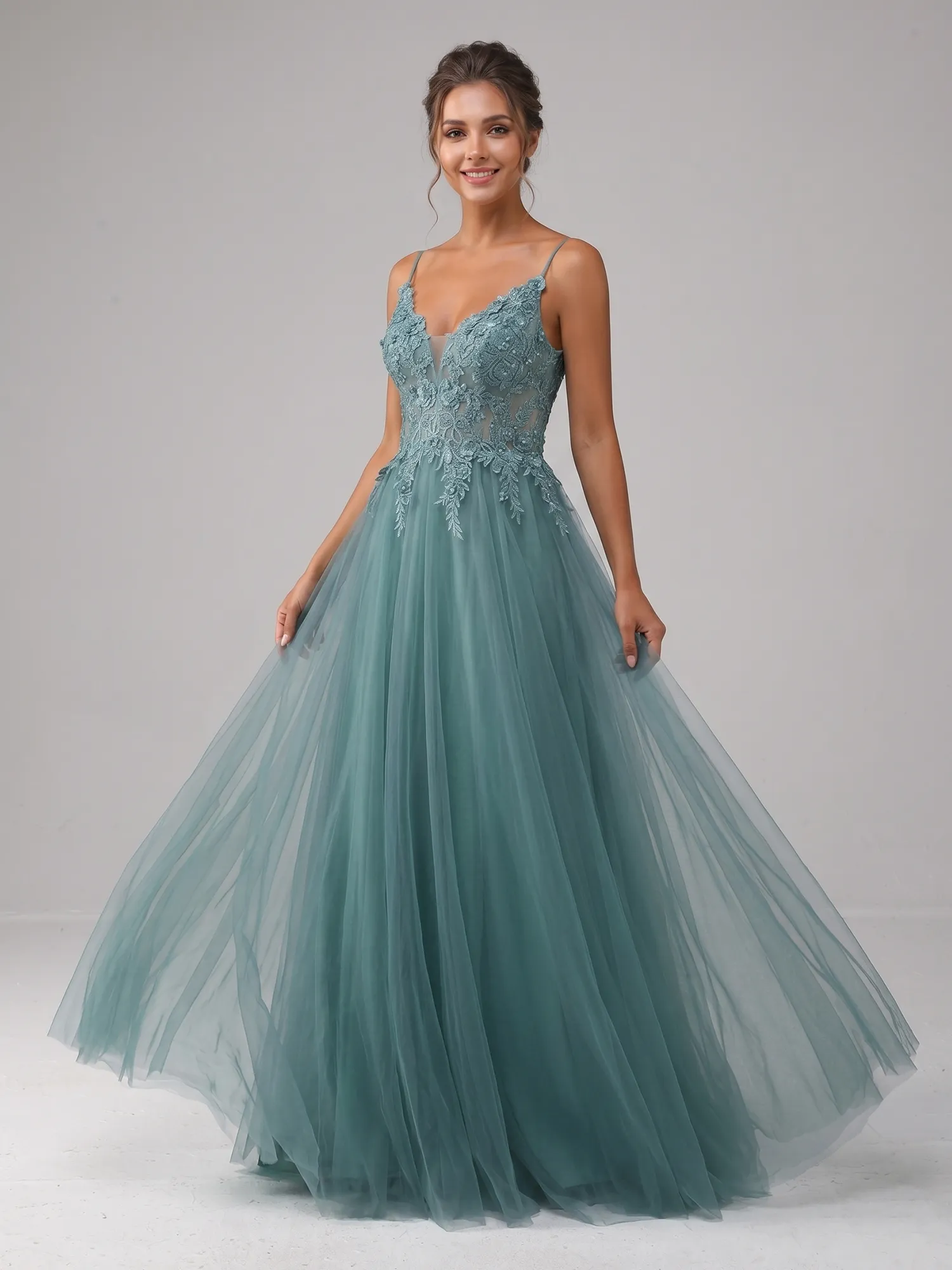Dusty Teal Lace Appliqué Spaghetti Strap Tulle A-Line Prom Gown