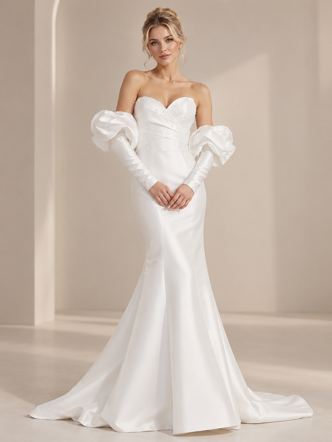 Luminous Off-The-Shoulder Puff Sleeve Satin Sweetheart Mermaid Wedding Dress 
