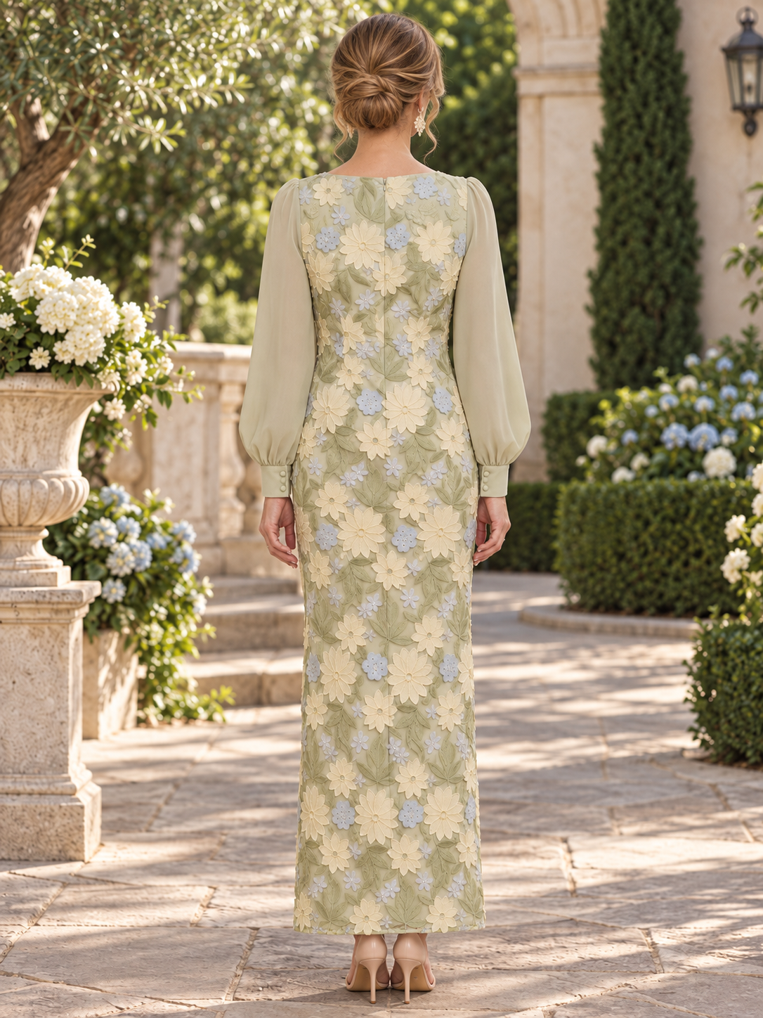 Sage Green Floral Embroidered Long Sleeve Column Maxi Mother of the Bride & Groom Dresses 