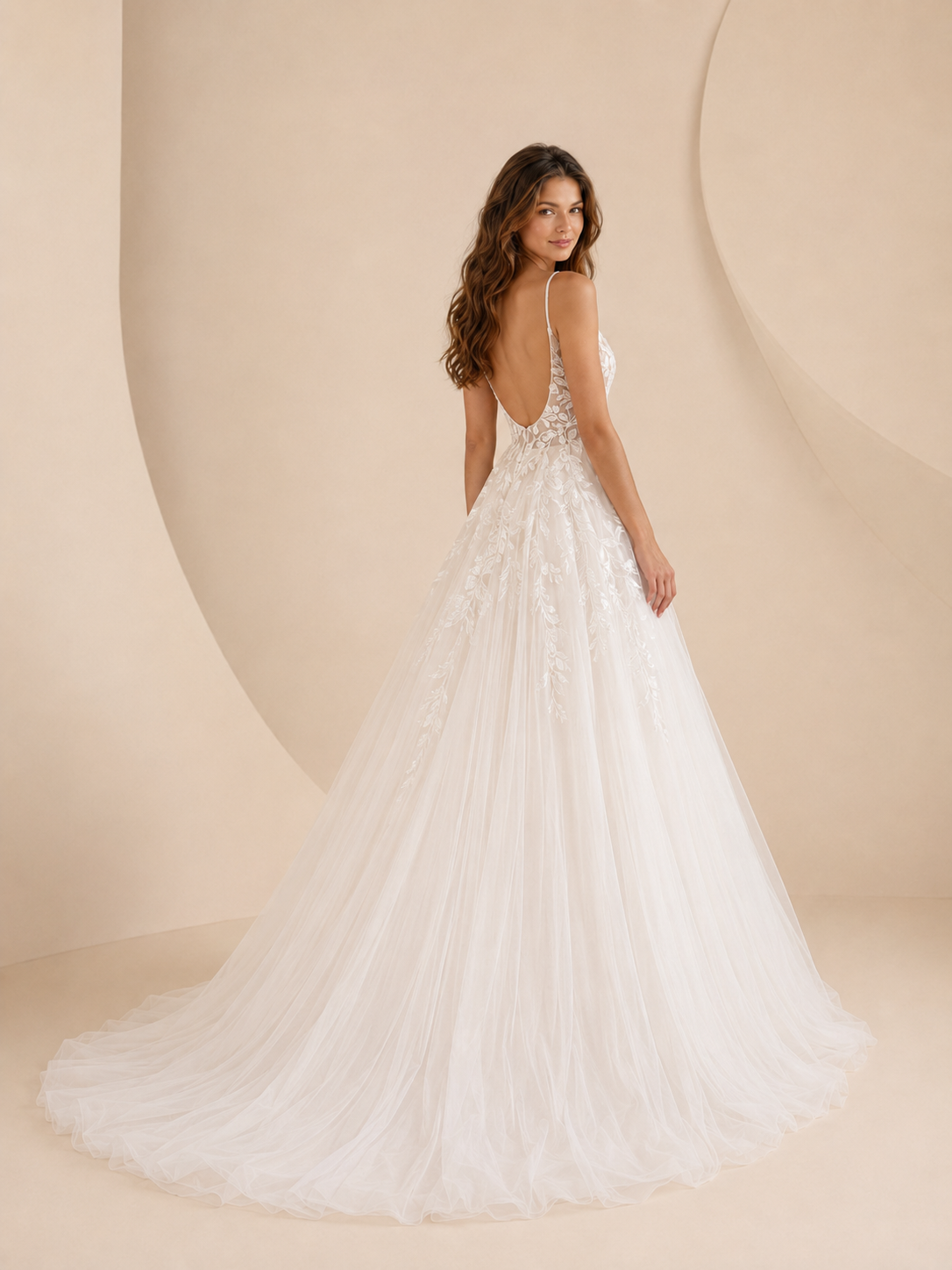 White Spaghetti Strap Lace Appliqué A-Line Wedding Dress 
