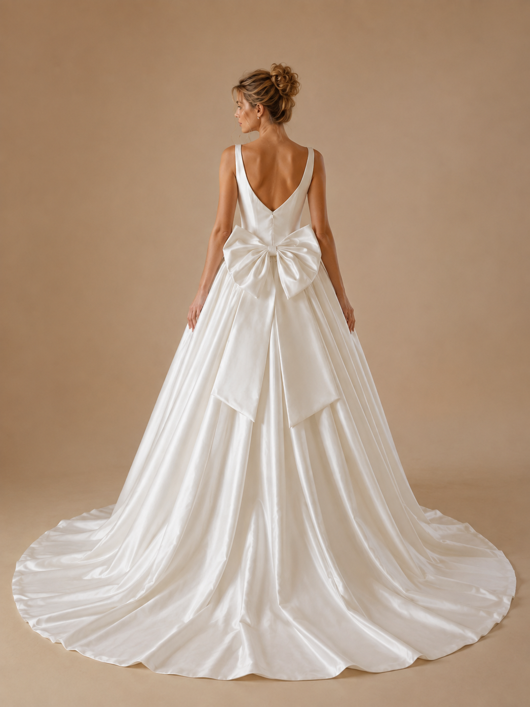 White Square Neckline Sleeveless Satin A-Line Wedding Dress with Oversized Back Bow 