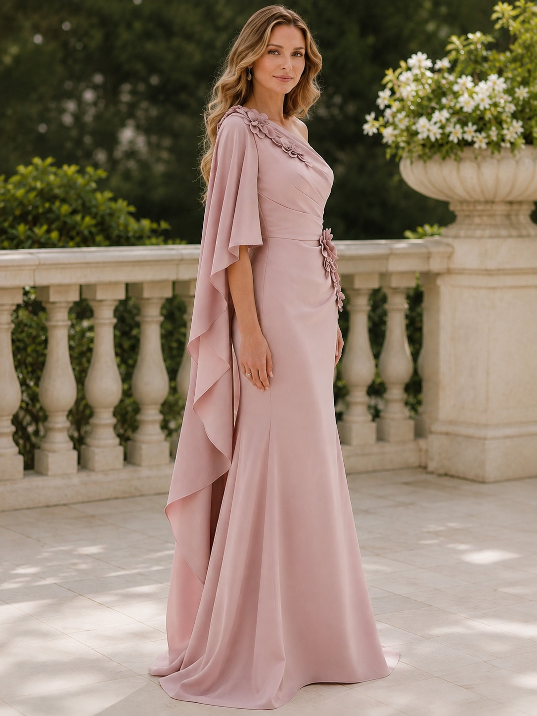 Dusty Rose One-Shoulder Floral Accent Column Mother of the Bride & Groom Dresses