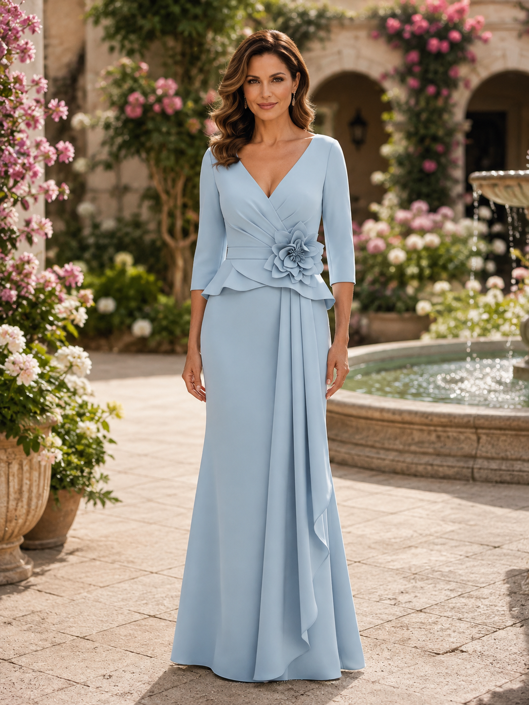 Sky Blue V-Neck 3D Floral Peplum Mermaid Maxi Mother of the Bride & Groom Dresses