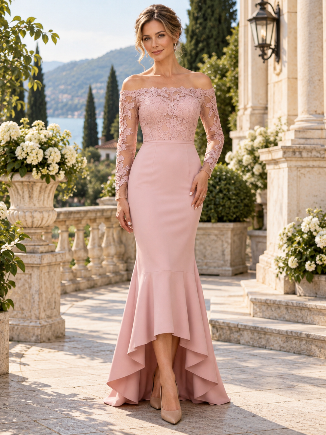 Dusty Rose Off-The-Shoulder Lace Illusions High-Low Mermaid Mother of the Bride & Groom Dresses 