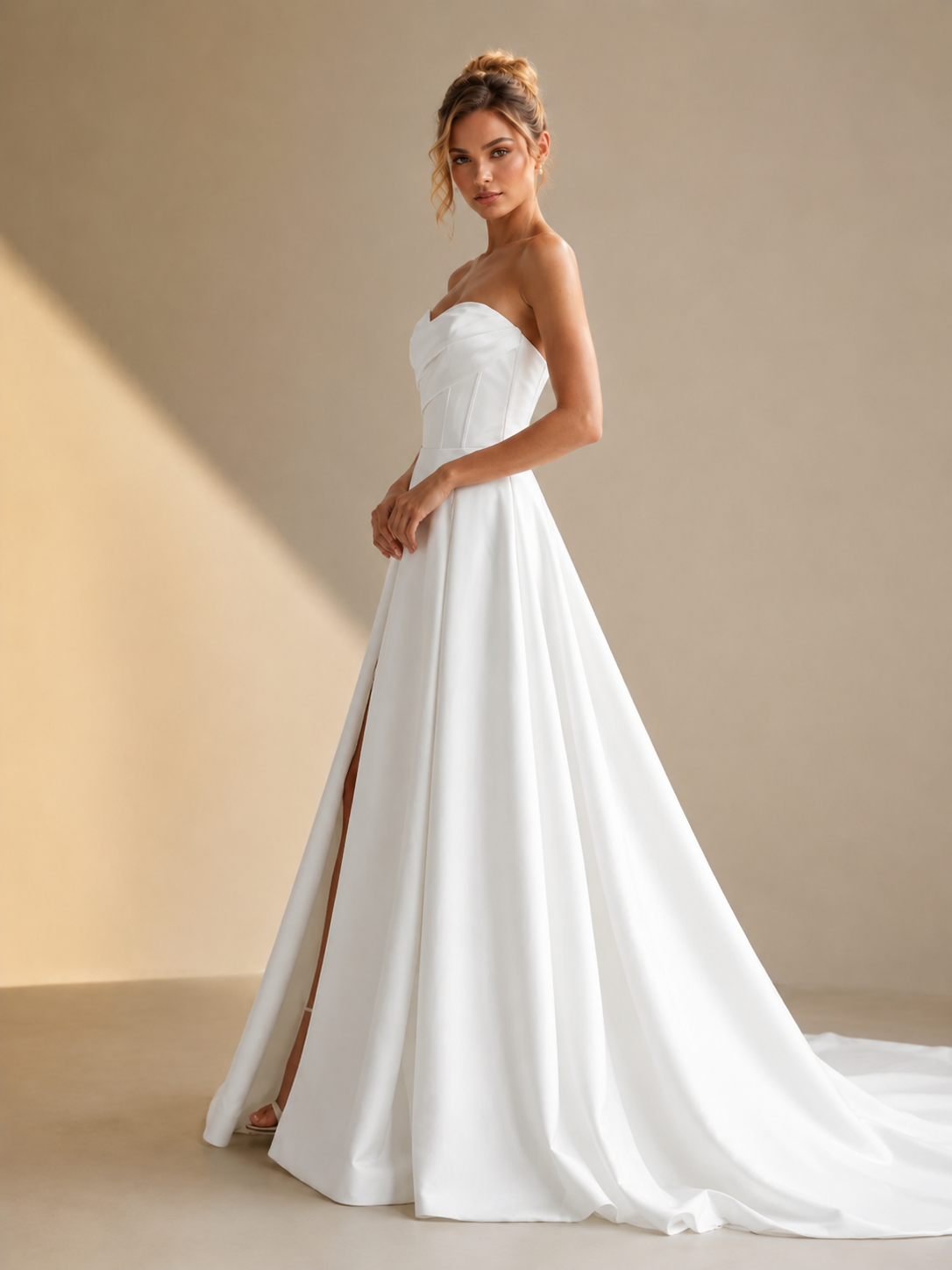 White Sweetheart Strapless Pleated Satin Slit A-Line Wedding Dress 