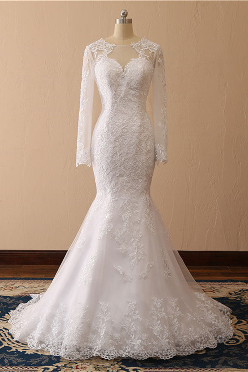 White Mermaid Round Neck Long Bridal Dress With Appliques