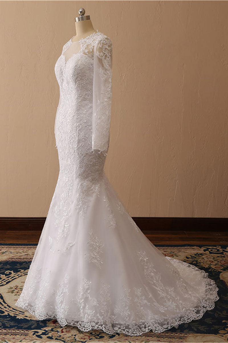 White Mermaid Round Neck Long Bridal Dress With Appliques