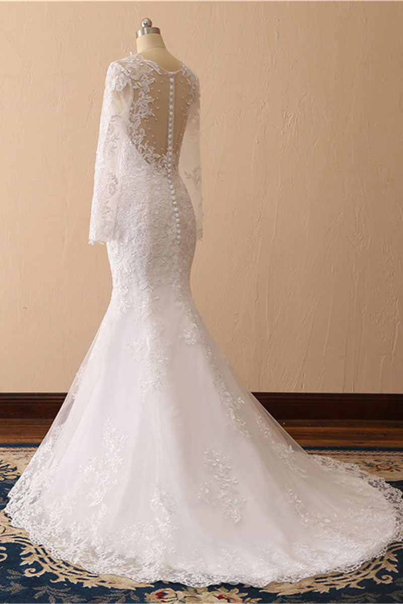 White Mermaid Round Neck Long Bridal Dress With Appliques