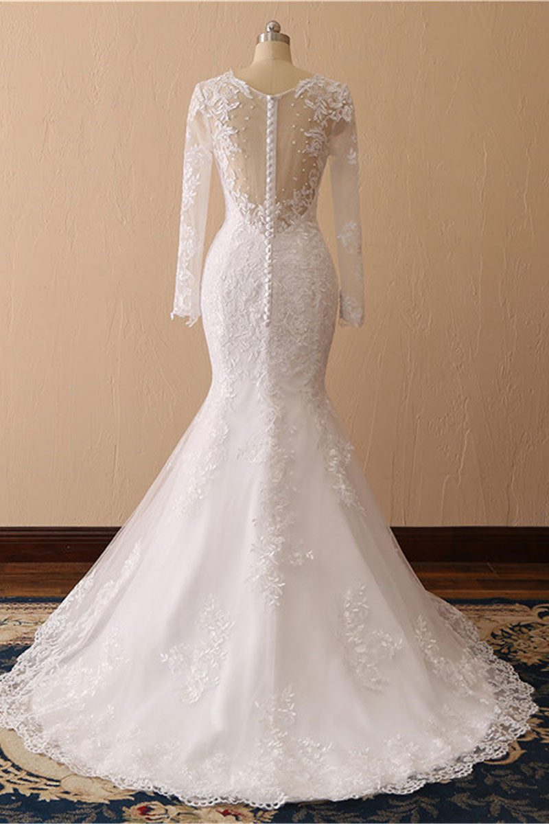 White Mermaid Round Neck Long Bridal Dress With Appliques