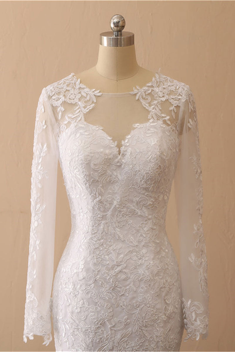 White Mermaid Round Neck Long Bridal Dress With Appliques