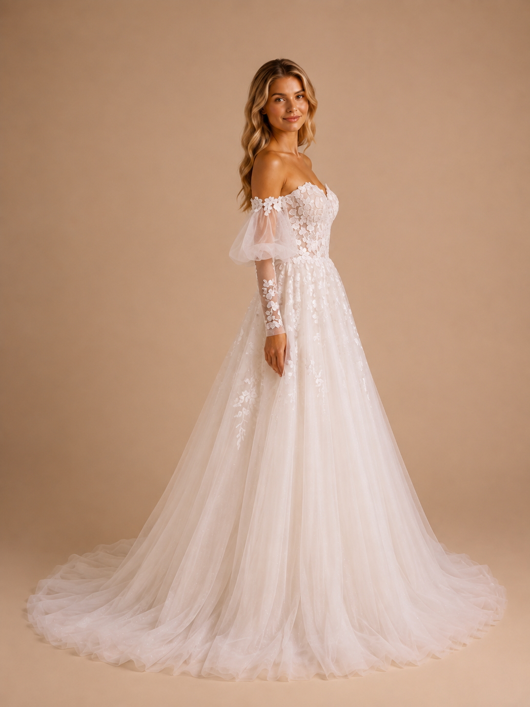 White Off-the-Shoulder Sweetheart Puff-Sleeve Lace A-Line Wedding Dress 
