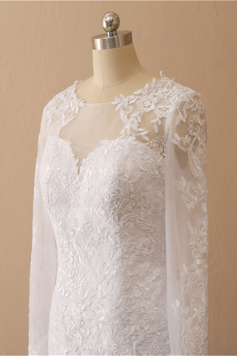 White Mermaid Round Neck Long Bridal Dress With Appliques