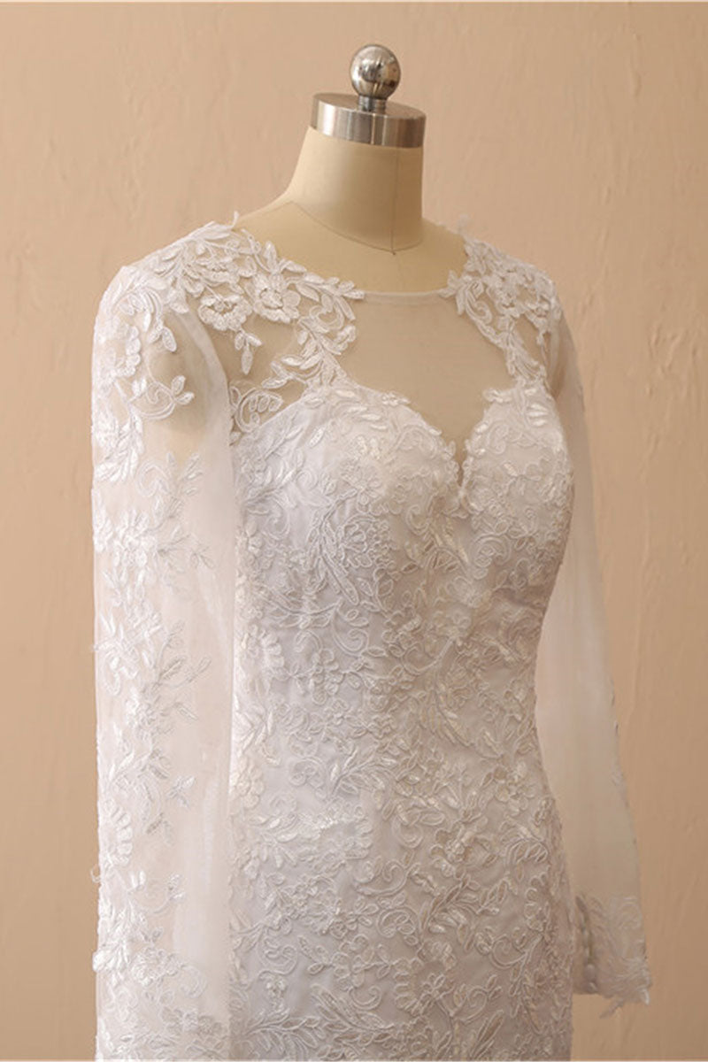 White Mermaid Round Neck Long Bridal Dress With Appliques