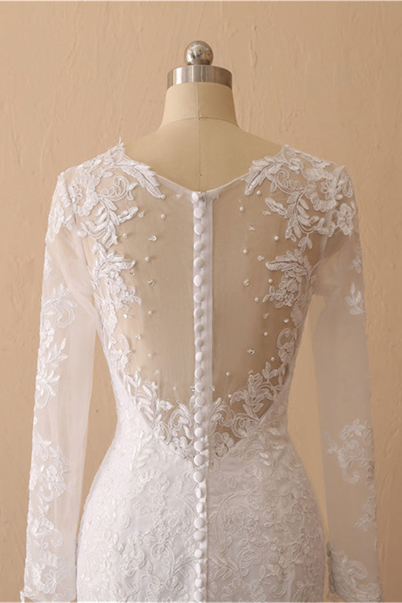 White Mermaid Round Neck Long Bridal Dress With Appliques