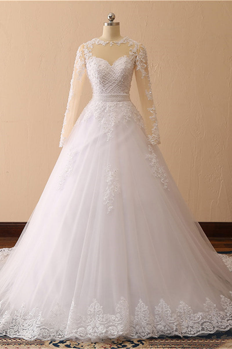White A-Line Round Neck Long Bridal Dress With Appliques
