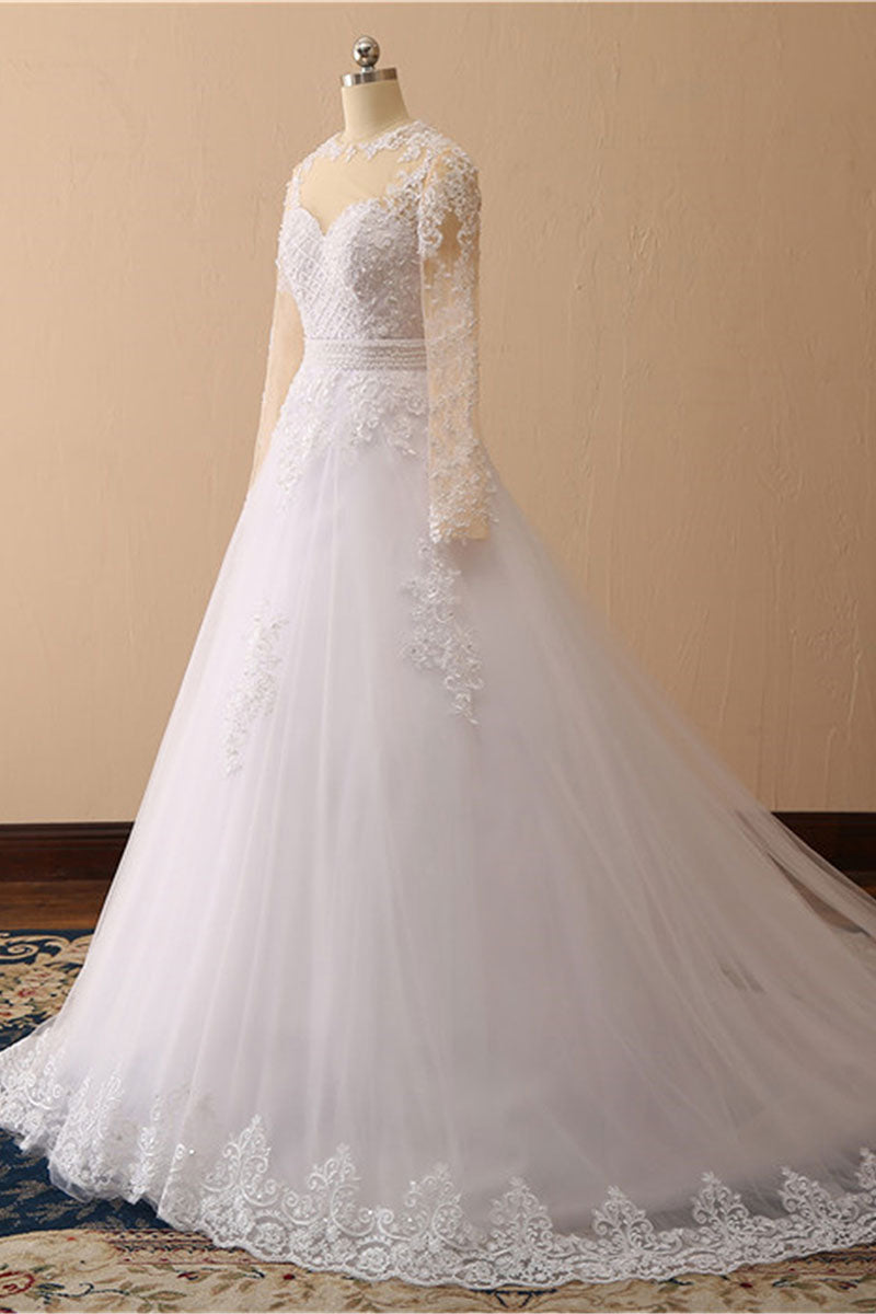 White A-Line Round Neck Long Bridal Dress With Appliques