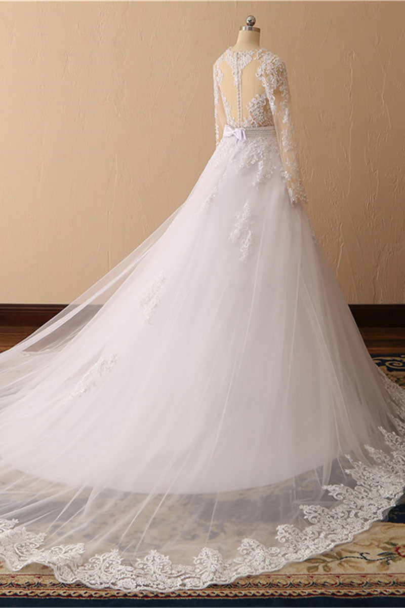 White A-Line Round Neck Long Bridal Dress With Appliques