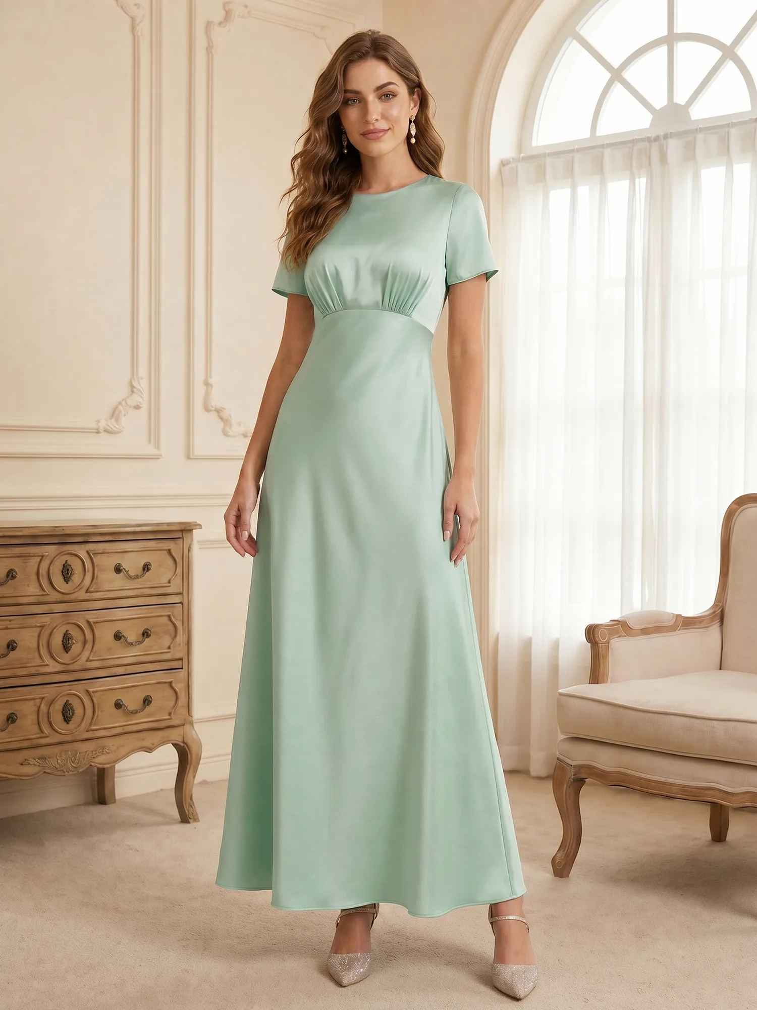 Round Neck Short Sleeve Satin Bridesmaid Dress