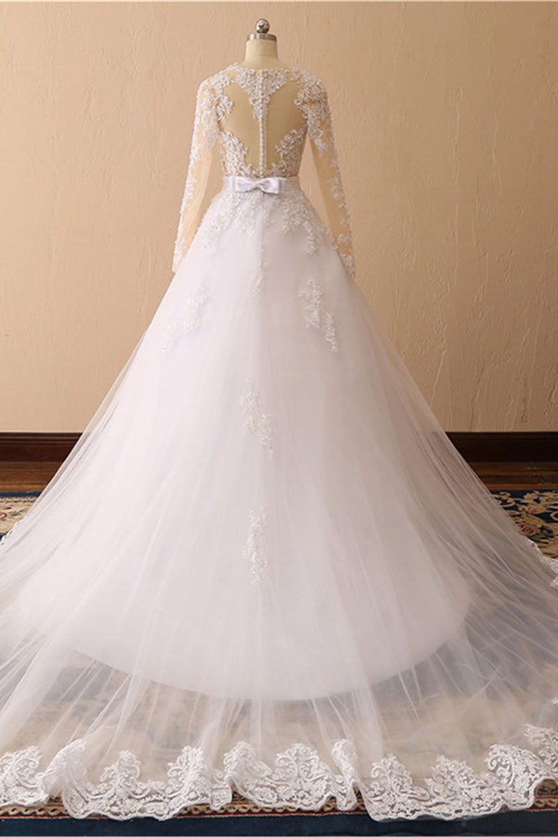 White A-Line Round Neck Long Bridal Dress With Appliques