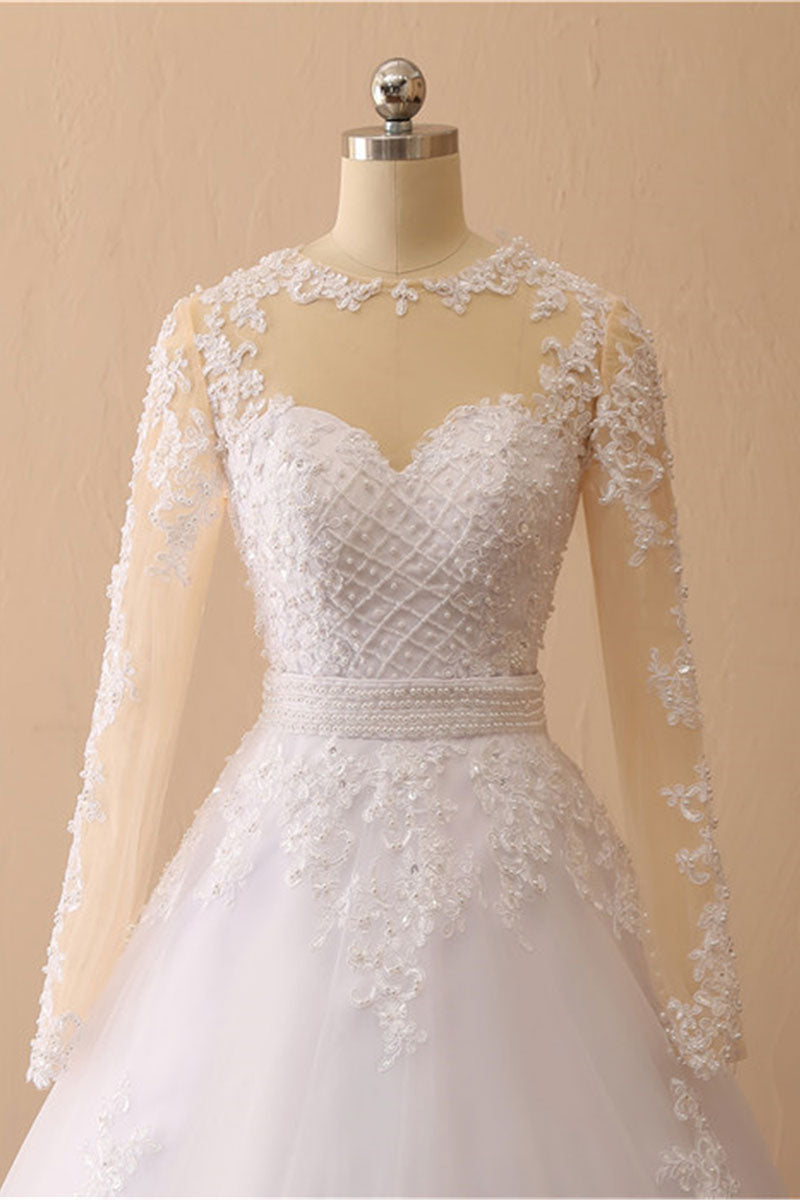 White A-Line Round Neck Long Bridal Dress With Appliques