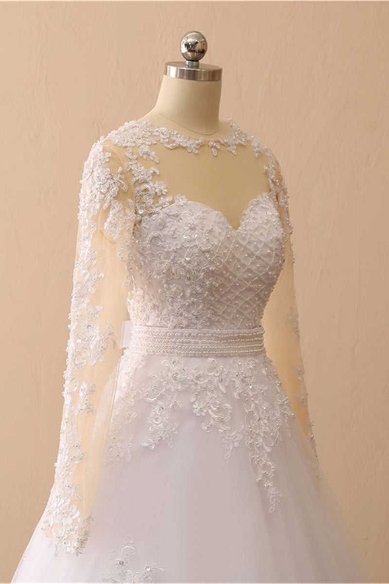 White A-Line Round Neck Long Bridal Dress With Appliques