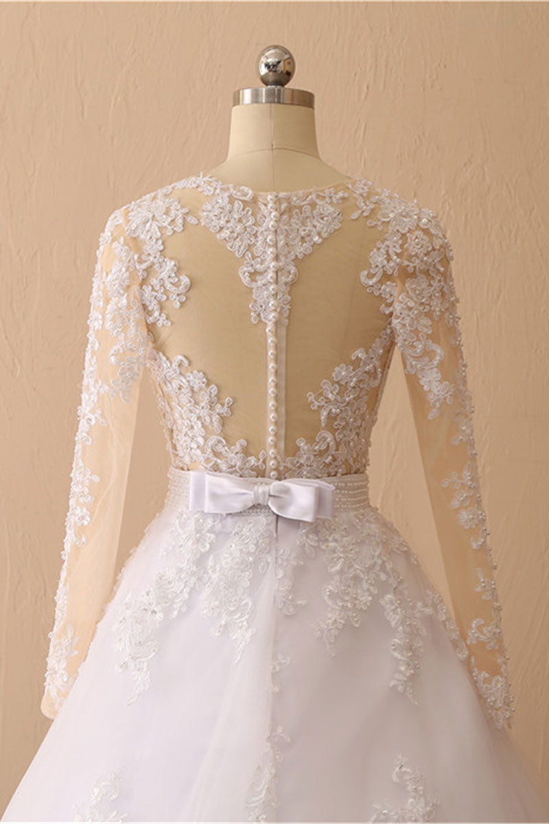 White A-Line Round Neck Long Bridal Dress With Appliques