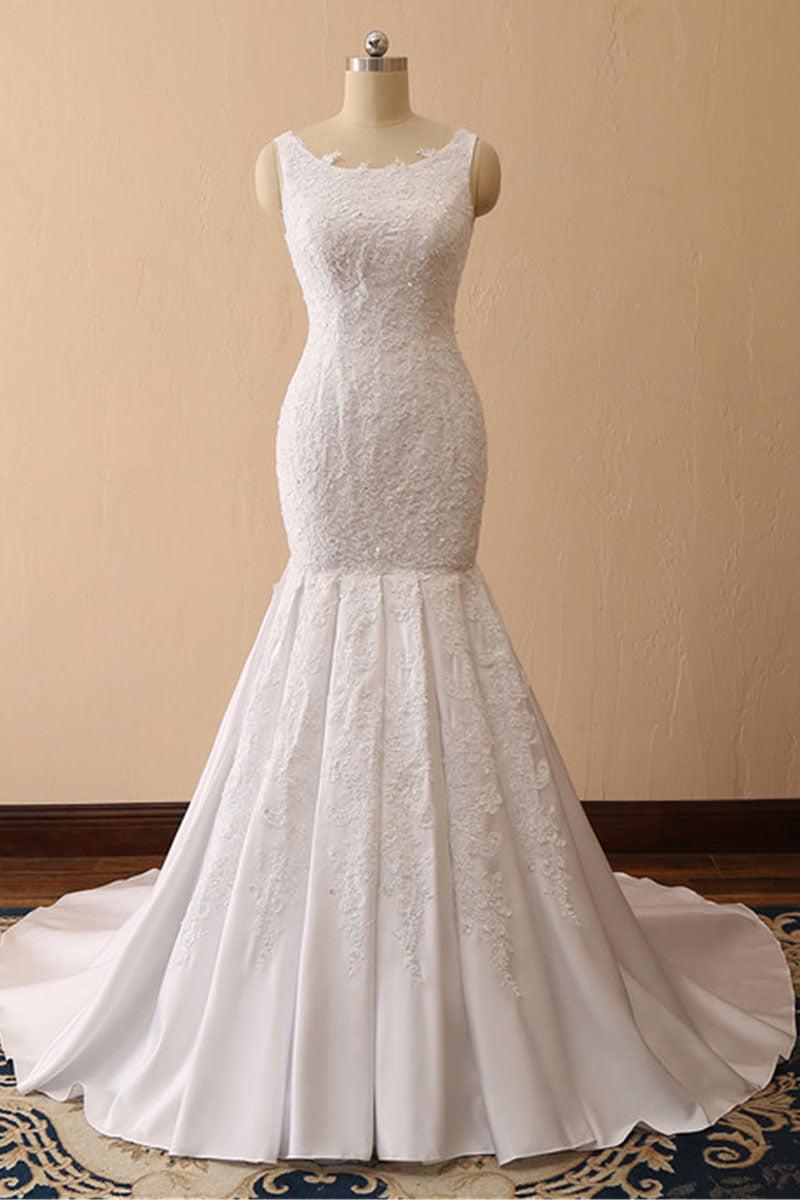 White Mermaid Bateau Long Bridal Dress With Appliques