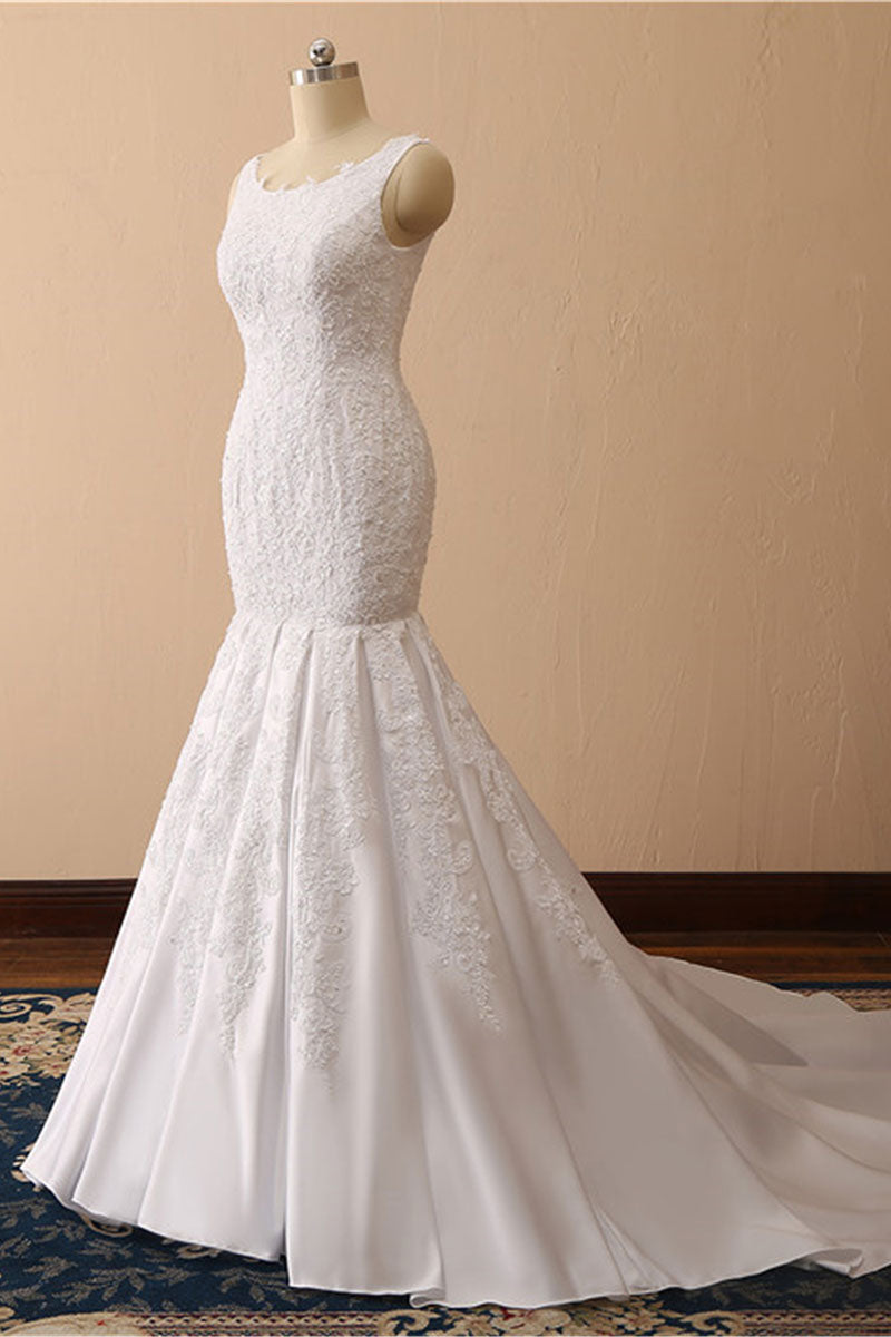 White Mermaid Bateau Long Bridal Dress With Appliques