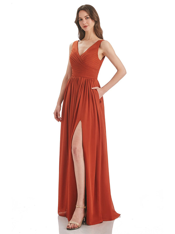 Orange A-Line V-Neck Long Bridesmaid Dress With Slit