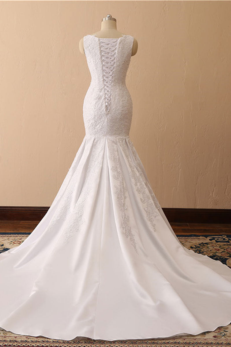 White Mermaid Bateau Long Bridal Dress With Appliques