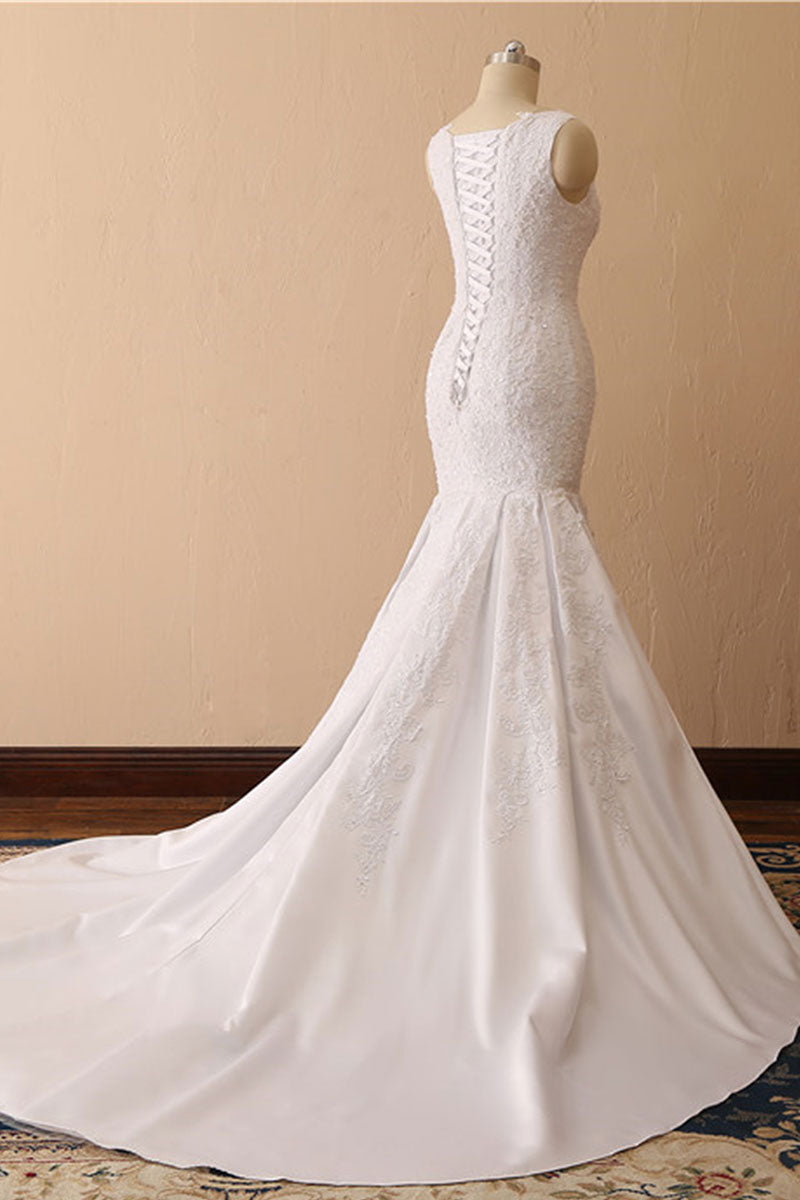 White Mermaid Bateau Long Bridal Dress With Appliques