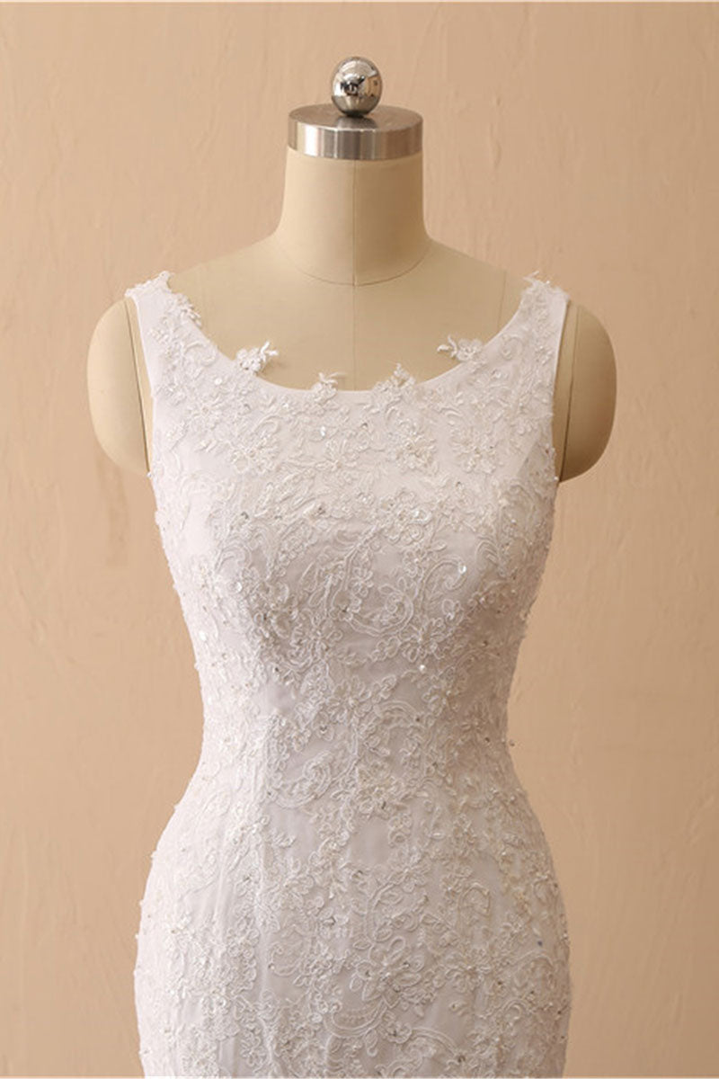 White Mermaid Bateau Long Bridal Dress With Appliques