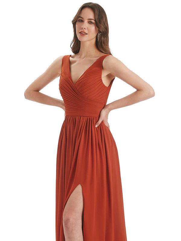 Orange A-Line V-Neck Long Bridesmaid Dress With Slit