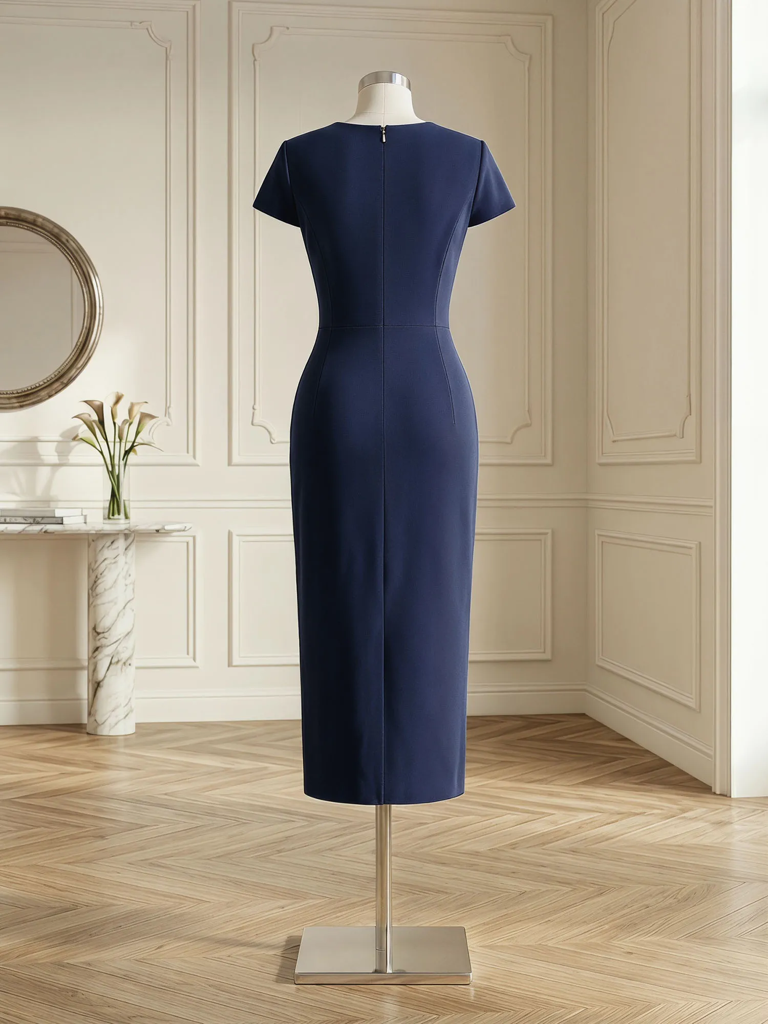 V Neck Short-Sleeve Floral Appliqué Sheath Midi Dress