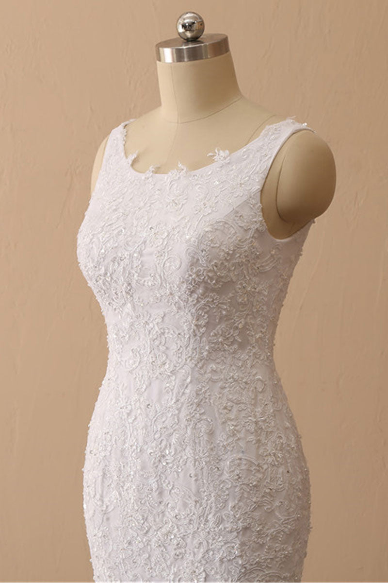 White Mermaid Bateau Long Bridal Dress With Appliques