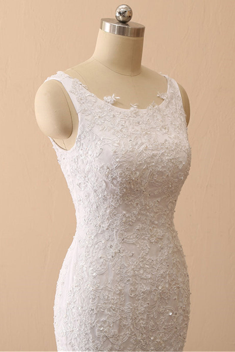 White Mermaid Bateau Long Bridal Dress With Appliques