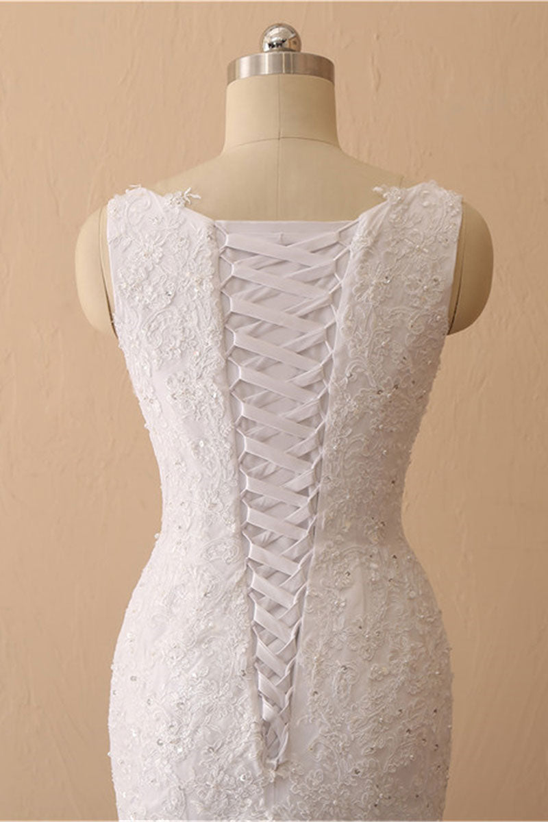 White Mermaid Bateau Long Bridal Dress With Appliques