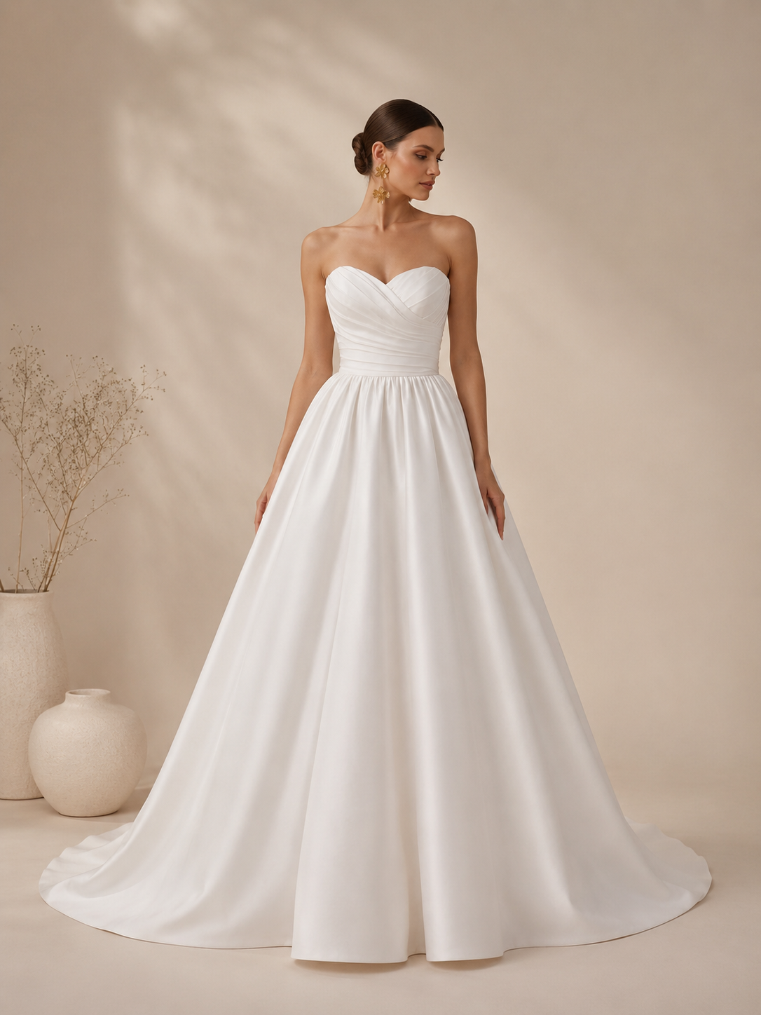 White Sweetheart Strapless Ruched Satin A-Line Wedding Dress 