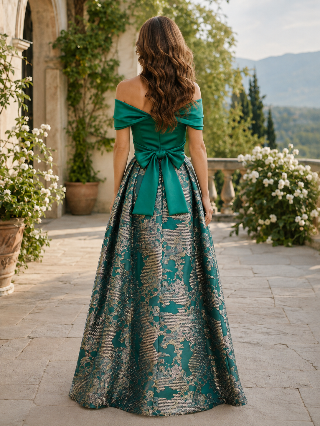 Green Brocade Off-The-Shoulder A-Line Maxi Mother of the Bride & Groom Dresses