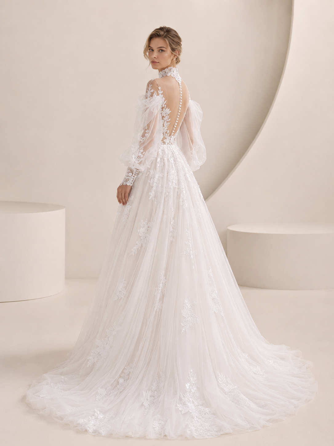  White High-Neck Long-Sleeve Lace Appliqué Sweetheart A-Line Wedding Dress 