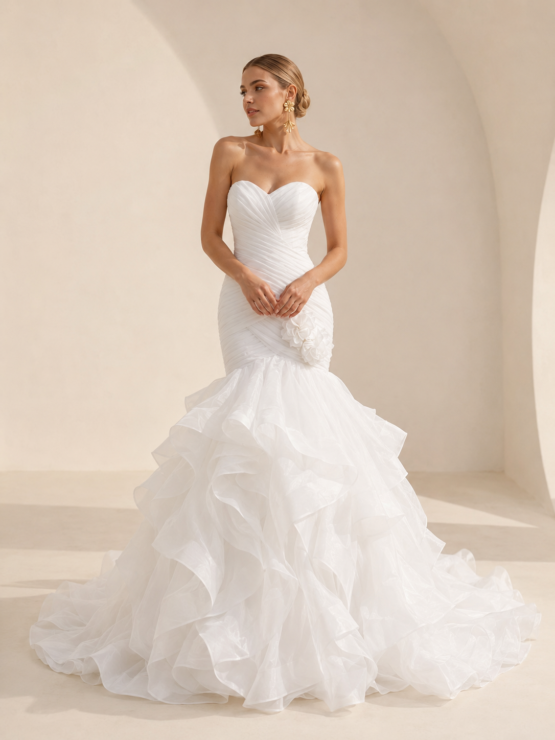 White Sweetheart Strapless Ruched Mermaid Wedding Dress with Ruffled Organza Train