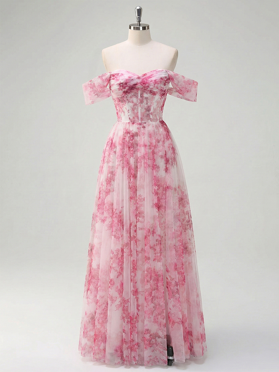 Pink Floral Off-the-Shoulder Corset A-Line Long Prom Dress