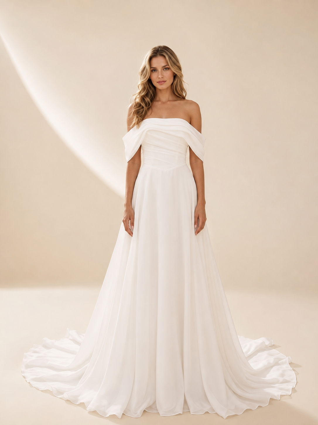 White Off-the-Shoulder Draped Satin A-Line Maxi Wedding Dress 