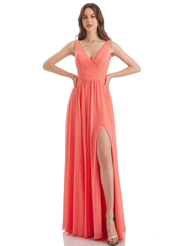 Coral A-Line V-Neck Long Bridesmaid Dress With Slit