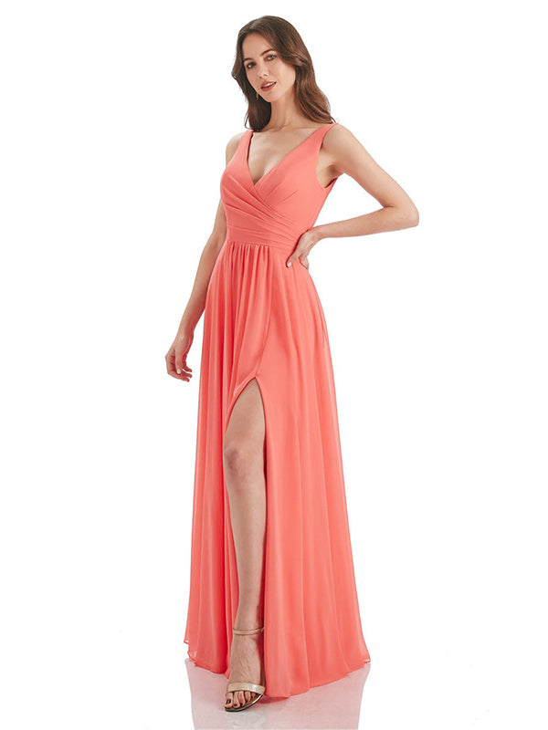 Coral A-Line V-Neck Long Bridesmaid Dress With Slit