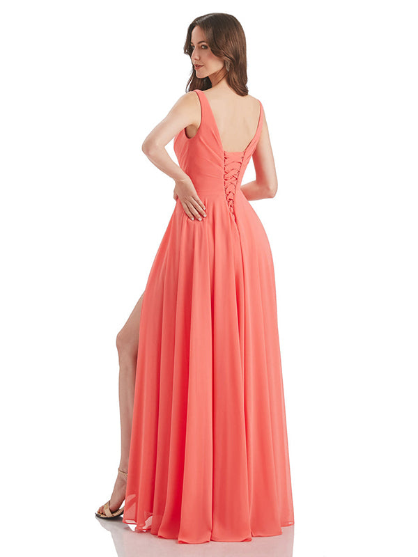 Coral A-Line V-Neck Long Bridesmaid Dress With Slit