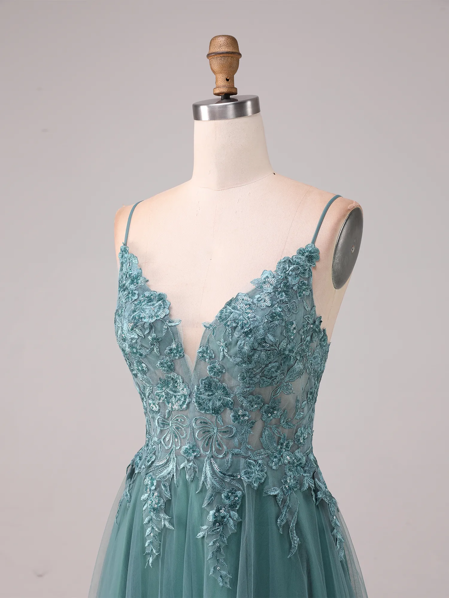 Dusty Teal Lace Appliqué Spaghetti Strap Tulle A-Line Prom Gown